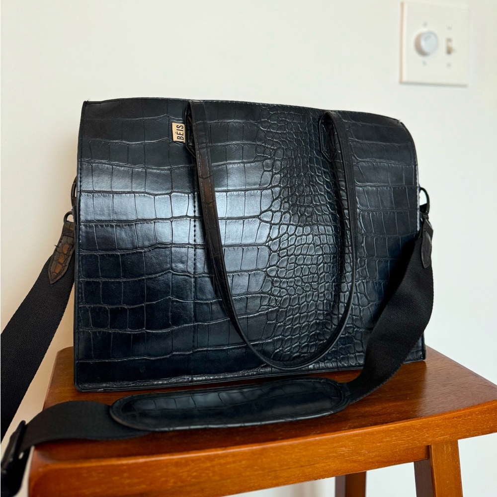 BEIS Black Croc-Embossed Tote Bag
